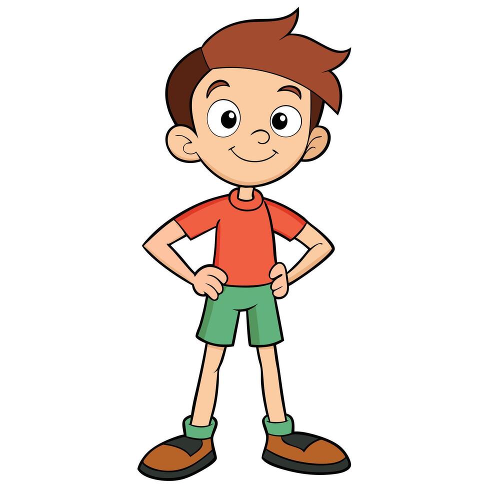 Cartoon boy with hands on hips character illustration standing smiling vector
