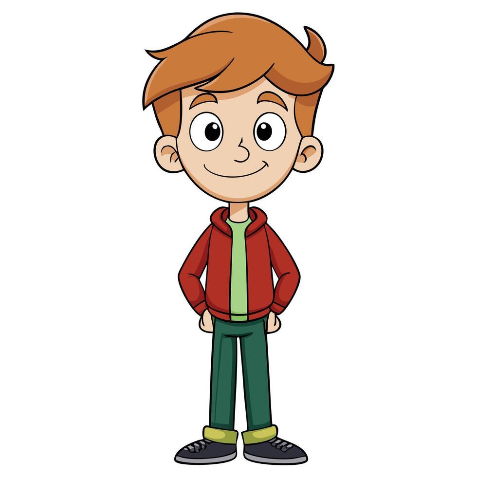 Smiling cartoon boy wearing a red hoodie standing confidently illustration vector