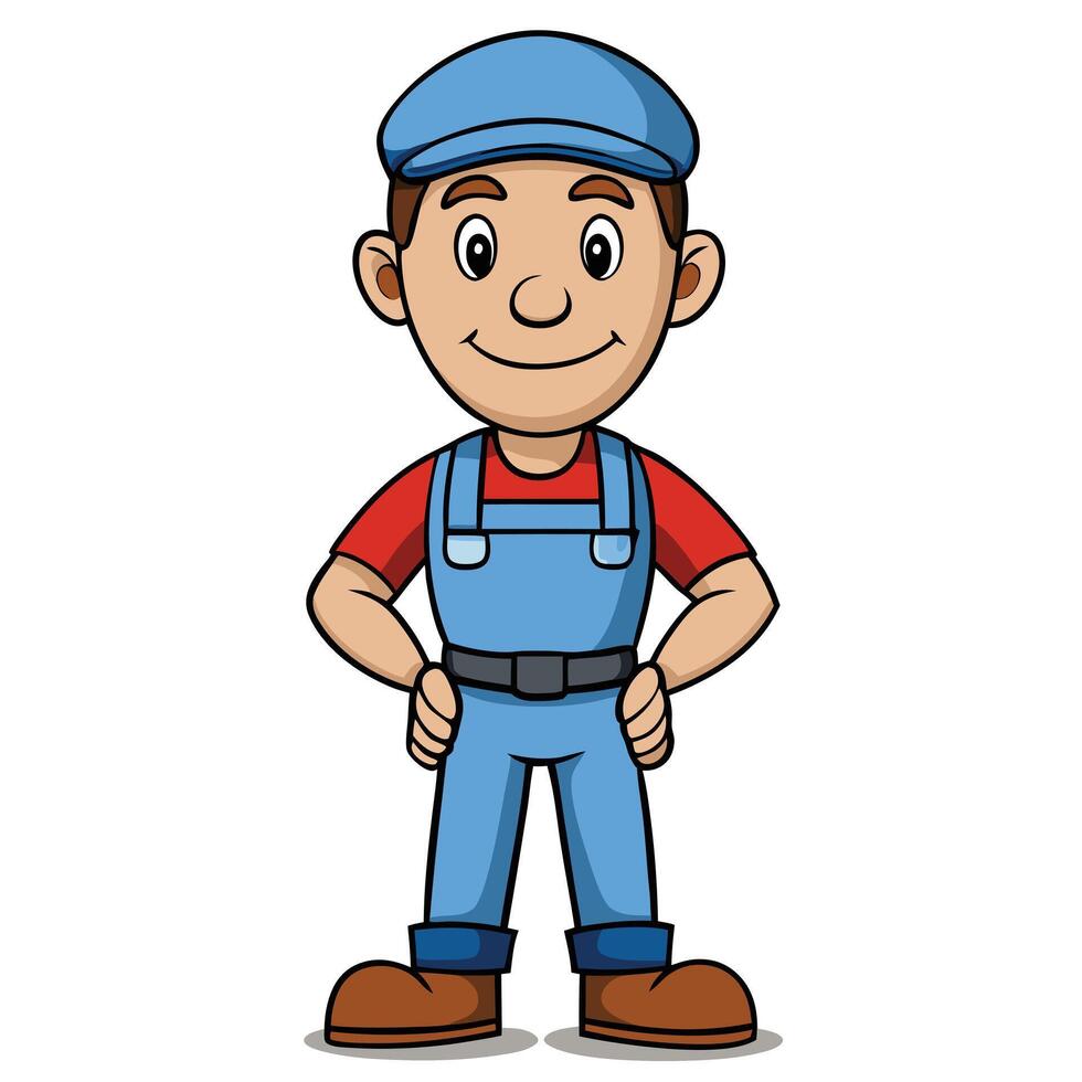 Cartoon style illustration of smiling man wearing overalls and cap with hands on hips vector