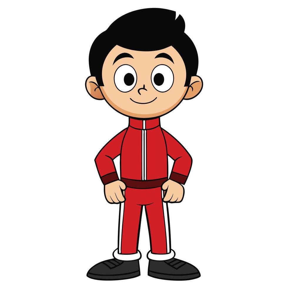 Cartoon boy character standing in red tracksuit illustration on white background vector