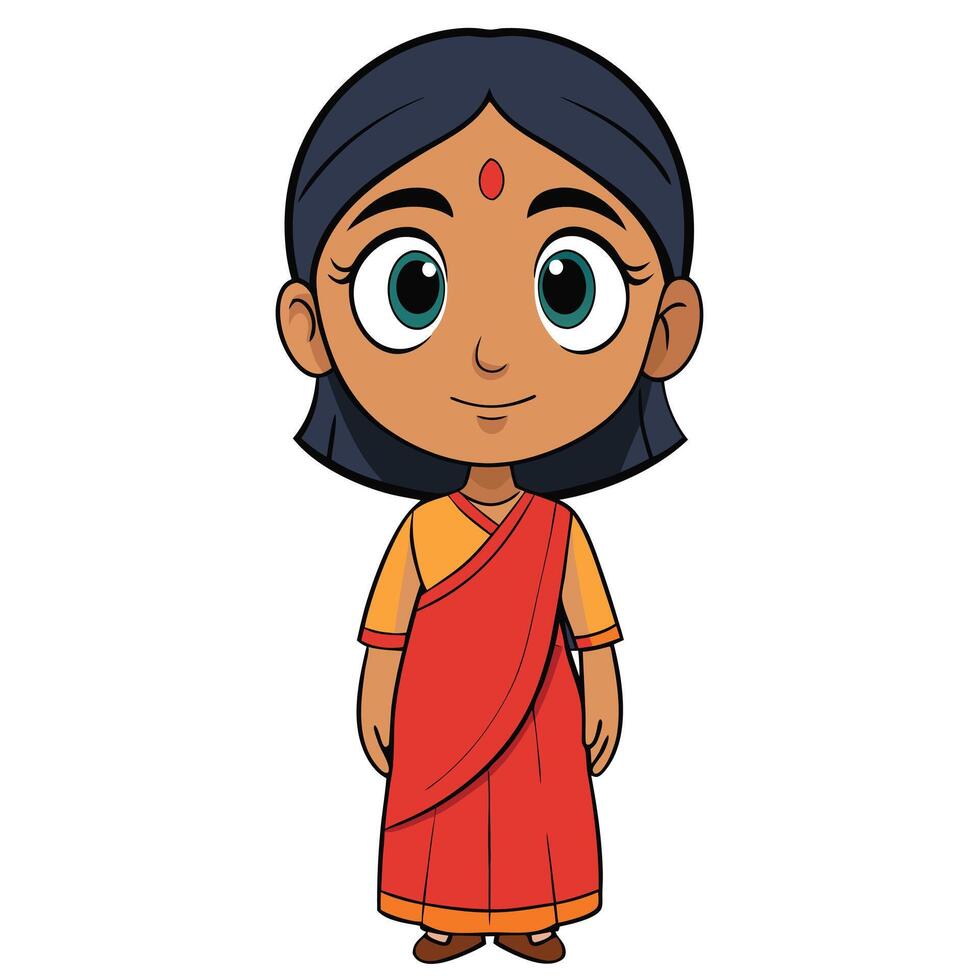 Cartoon indian girl in traditional saree standing smiling positively illustration vector