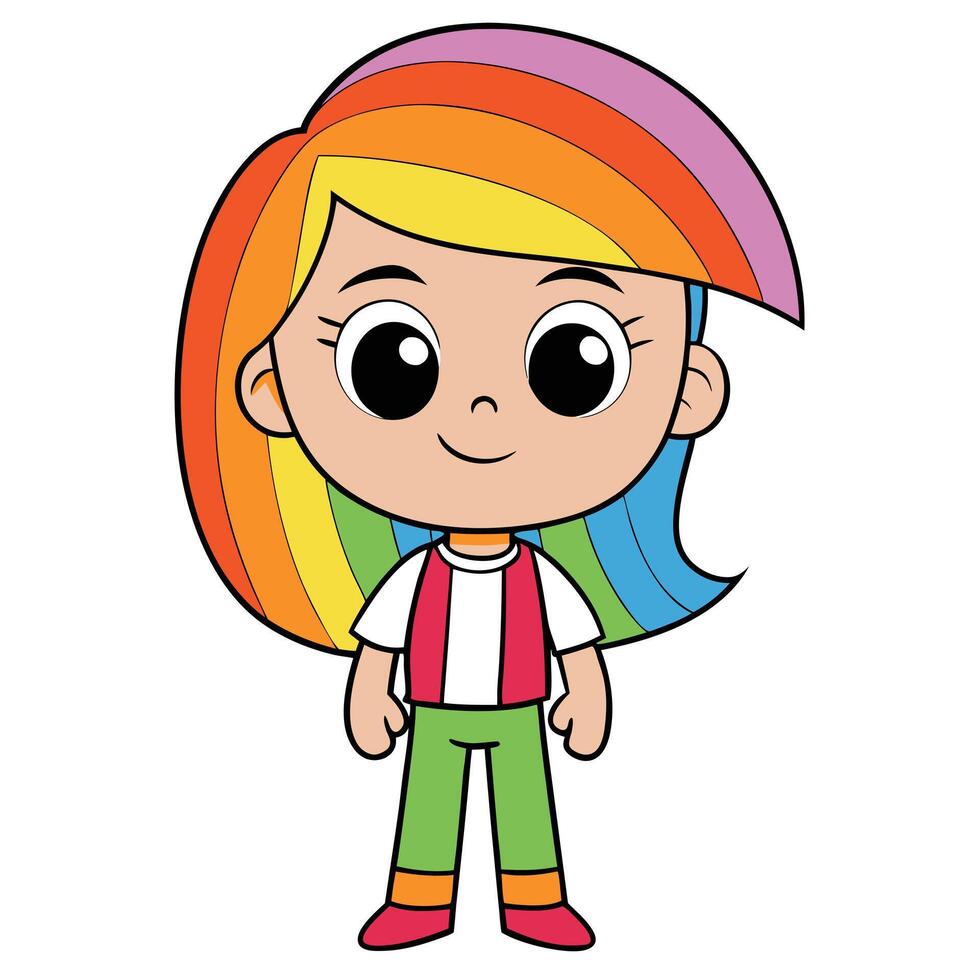 Cartoon girl character with rainbow hair cheerful and friendly design illustration vector
