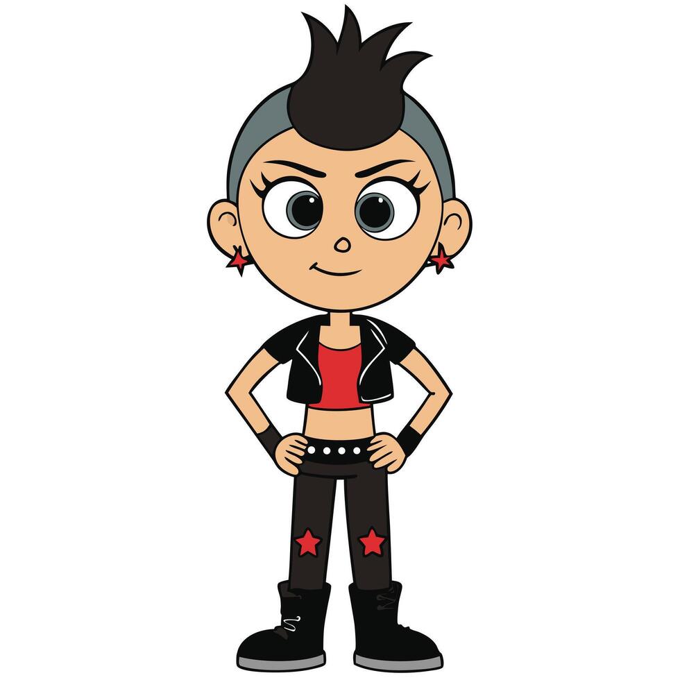 Cartoon punk girl character wearing black leather jacket and star earrings vector