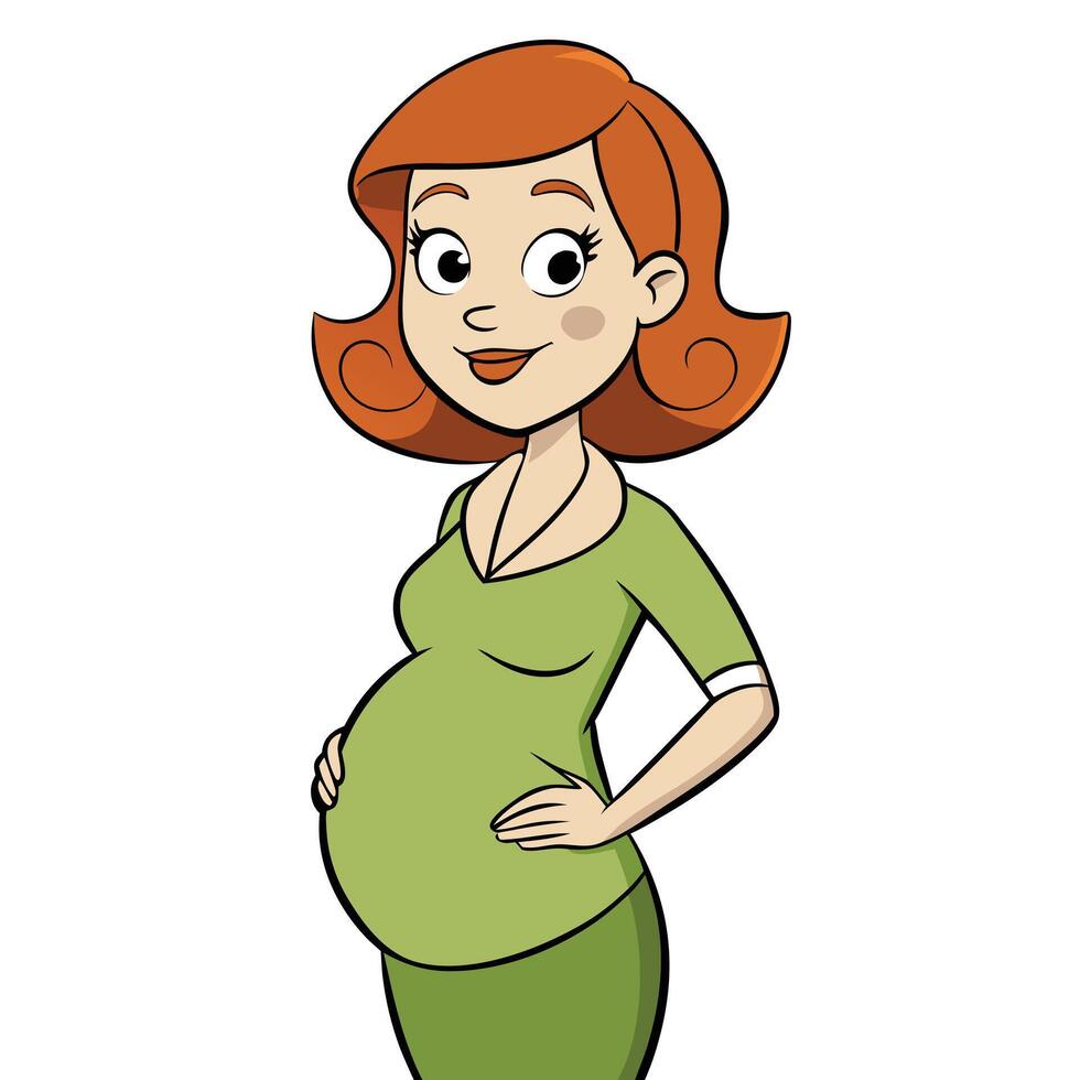 Cartoon pregnant woman smiling with red hair and green dress vector