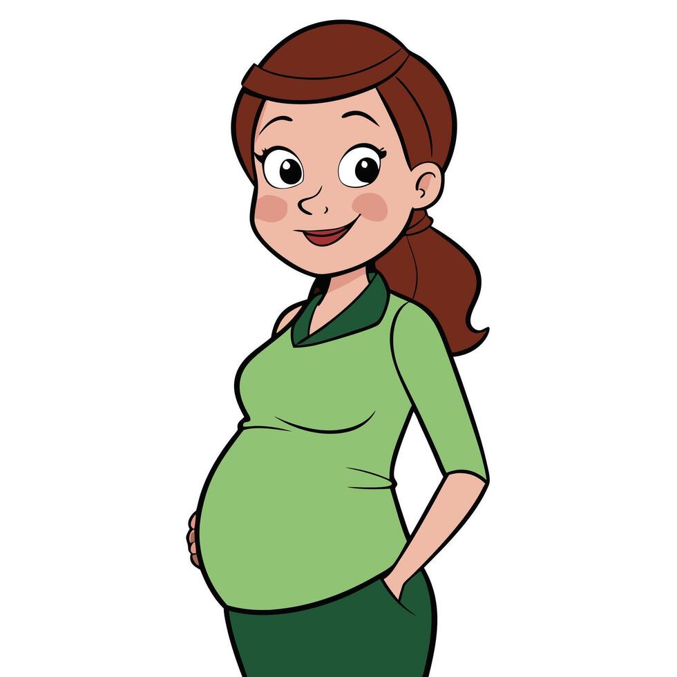 Cartoon pregnant woman illustration smiling with hand in pocket vector