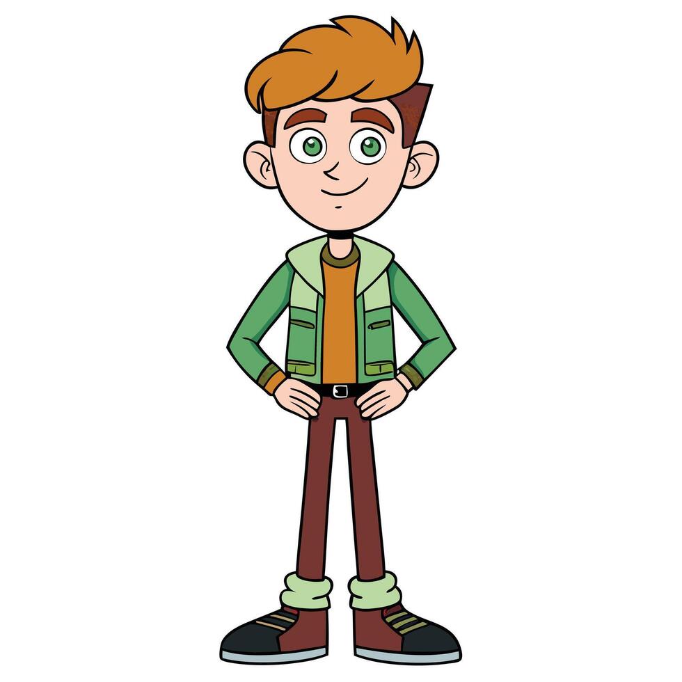 Young cartoon boy standing confidently with hands on hips isolated illustration vector