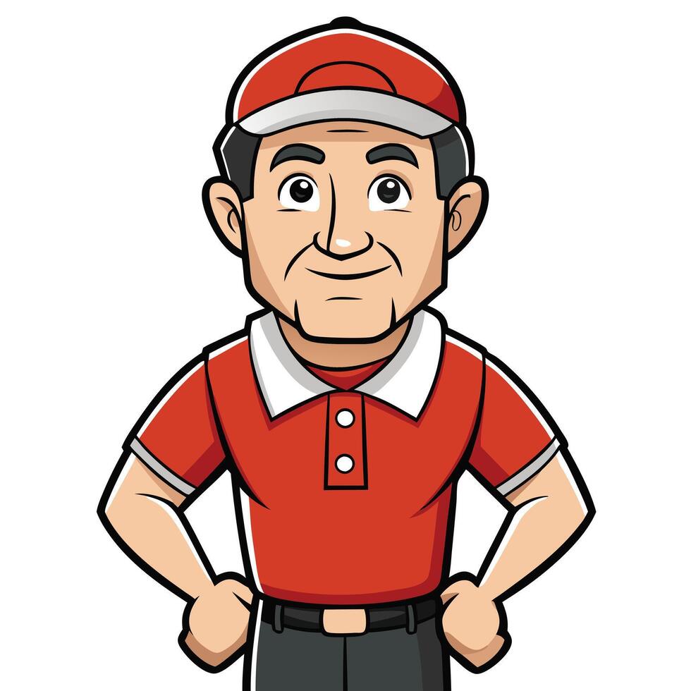 Cartoon illustration of man in red shirt and cap with hands on hips vector