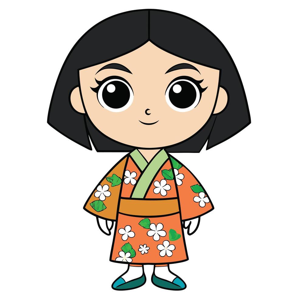 Cute japanese girl in kimono cartoon illustration for children vector