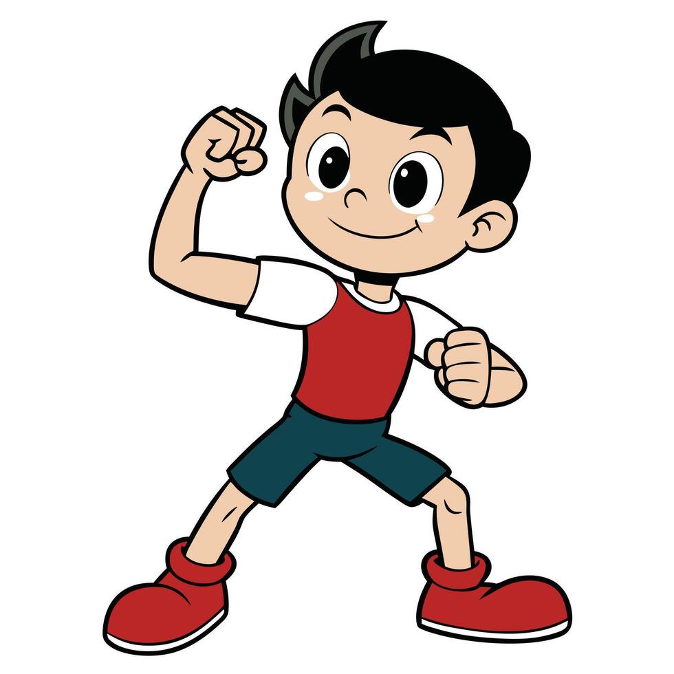 Cartoon boy flexing muscles demonstrating strength and confidence in illustration vector