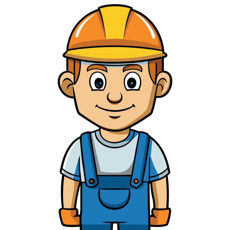 Cartoon construction worker illustration in overalls and hard hat isolated on white background vector