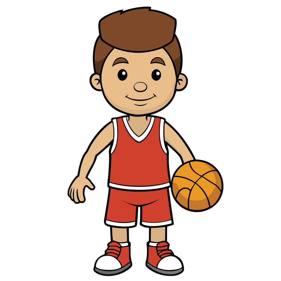 Cartoon boy basketball player holding ball in red uniform illustration vector