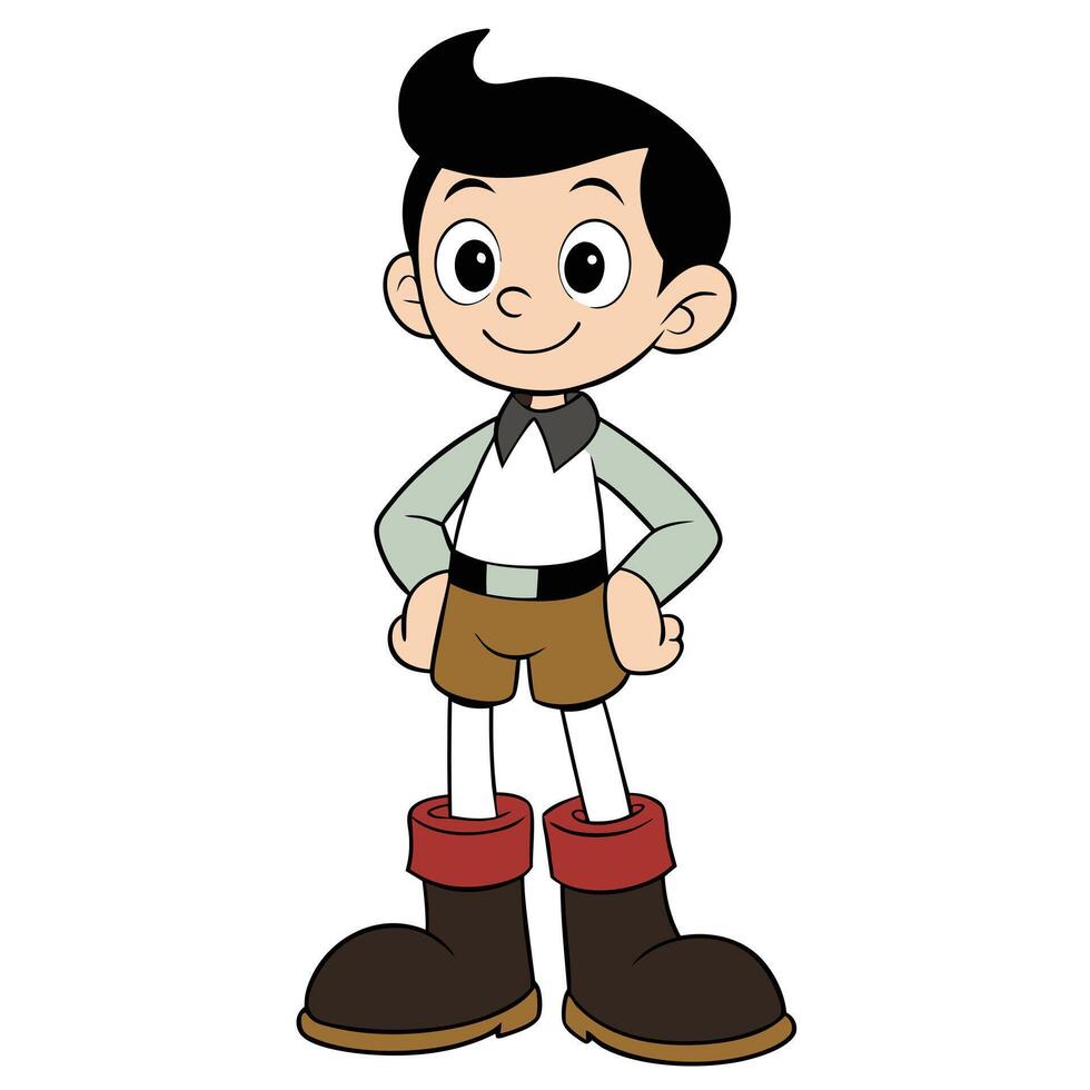 Cartoon boy character with big boots and hands on hips vector