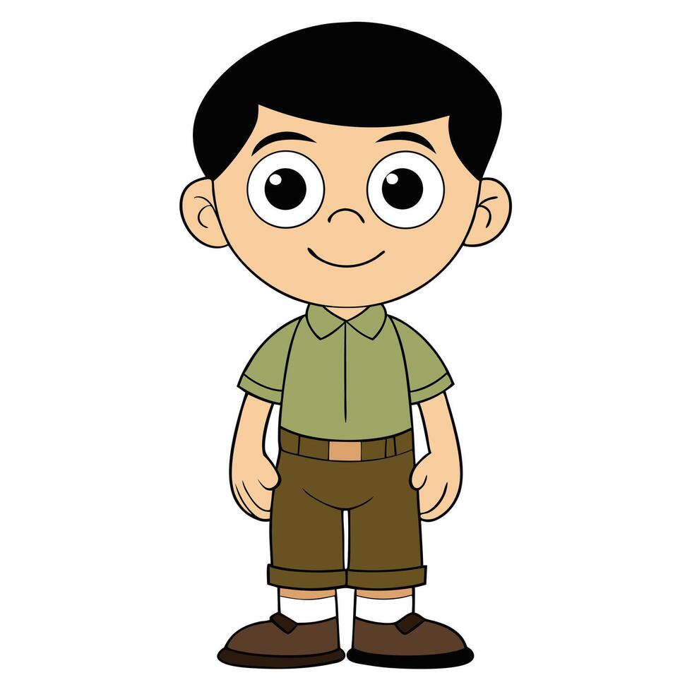 Cartoon boy standing smiling character design with green shirt and brown shorts vector