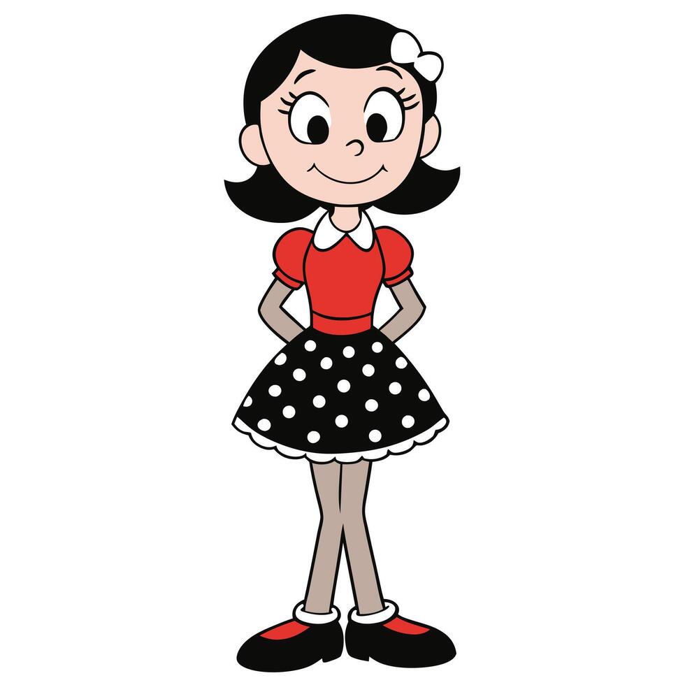 Cartoon girl character standing with red top and polka dot skirt vector