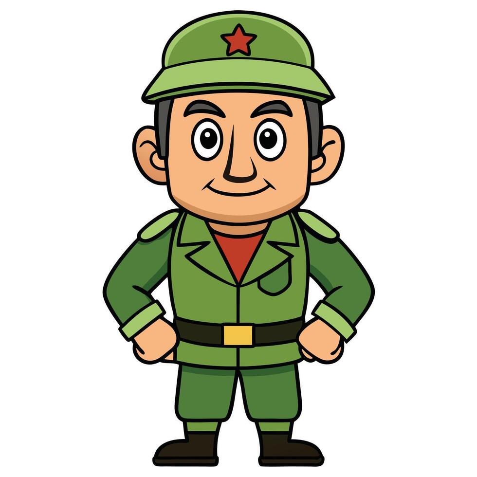 Cute cartoon soldier character in green uniform with a red star on hat vector