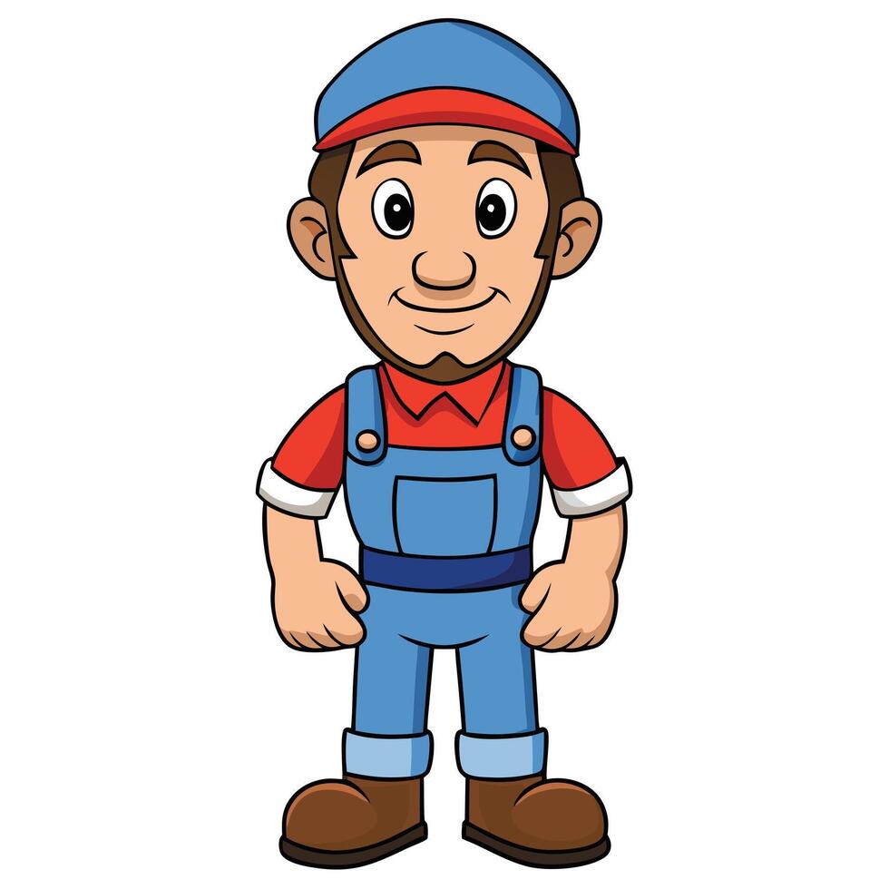 Cartoon illustration of a friendly plumber or repairman character with blue overalls vector