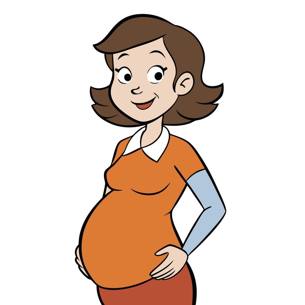 Cartoon portrait of a pregnant woman touching her belly isolated on white vector