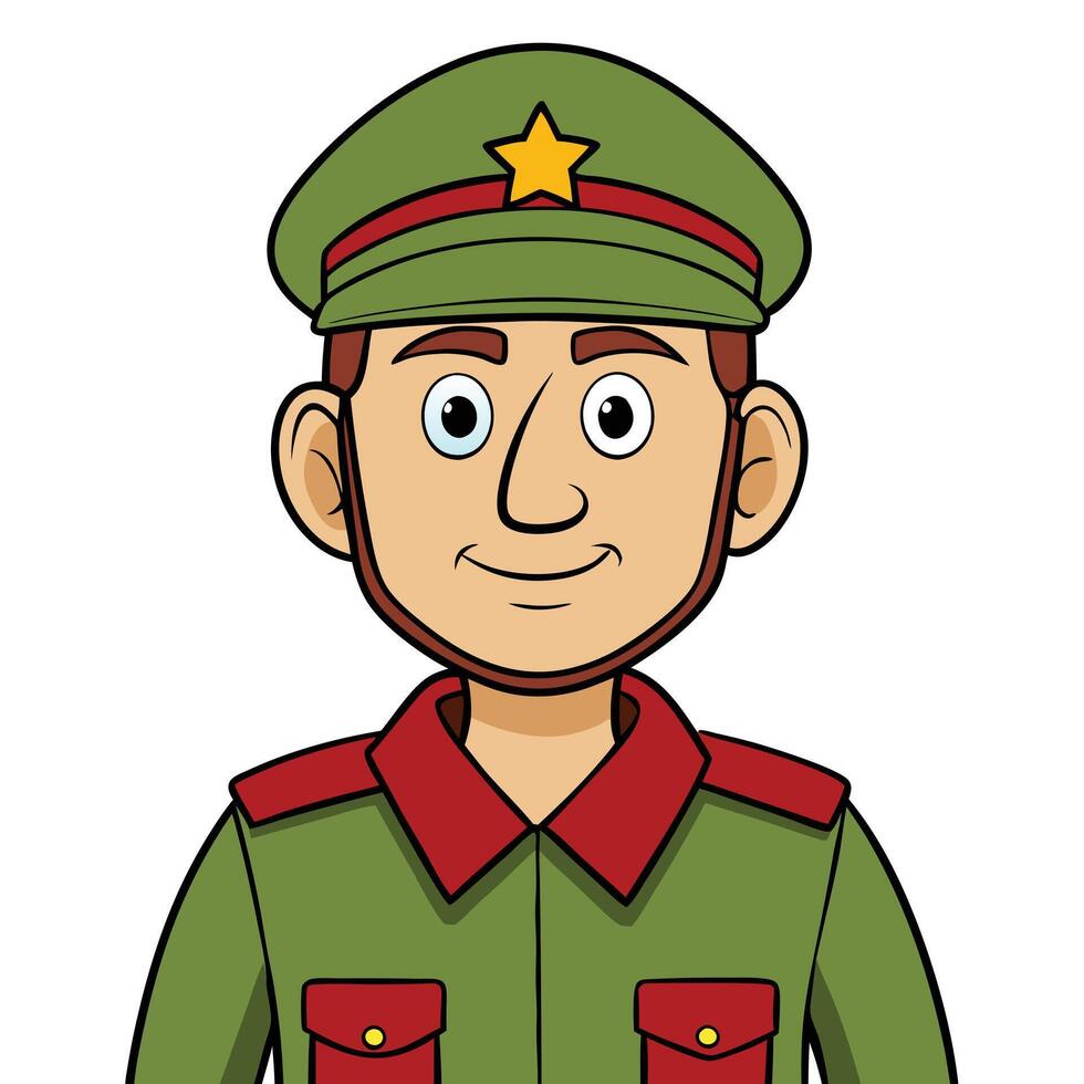Cartoon soldier illustration with green uniform and smiling expression vector