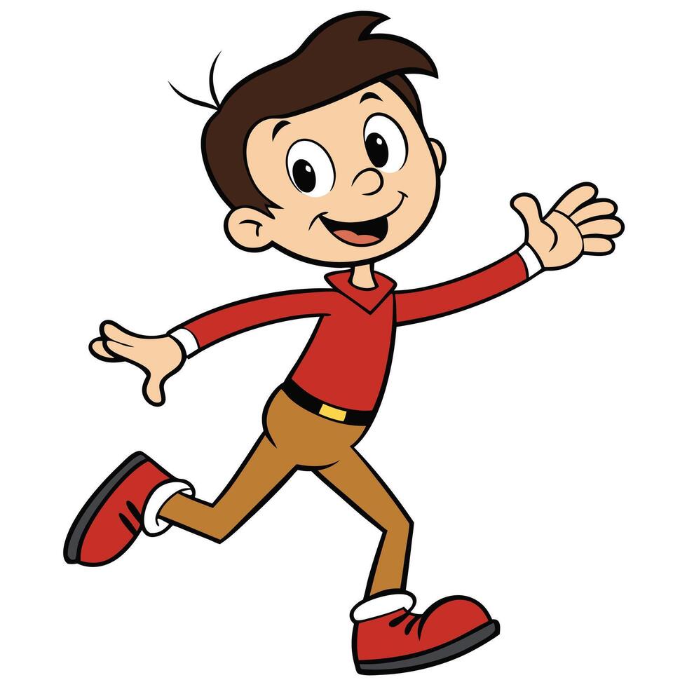 Cheerful cartoon boy running and smiling joyfully in red shirt and brown pants vector