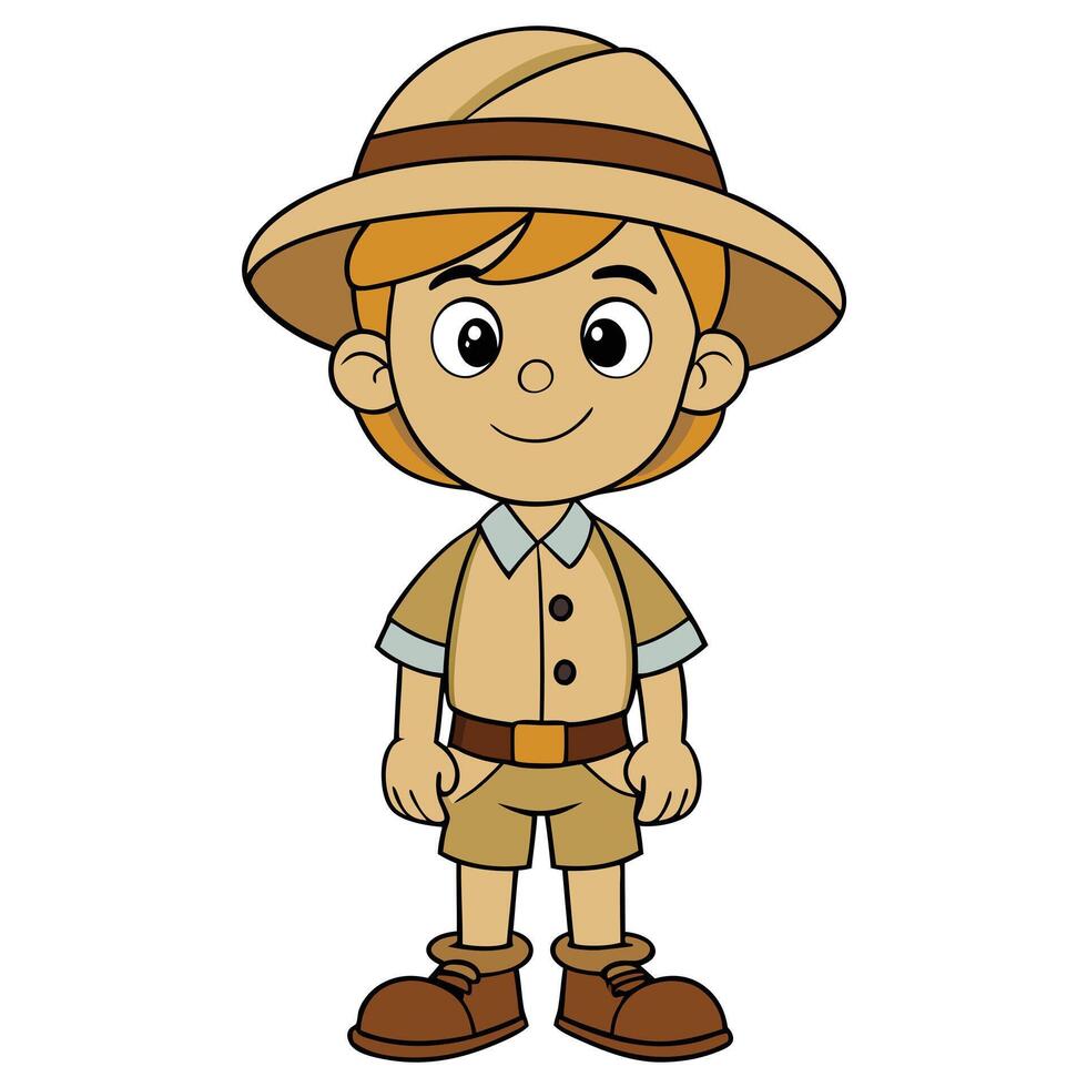 Cartoon boy character dressed as explorer or zookeeper with pith helmet vector