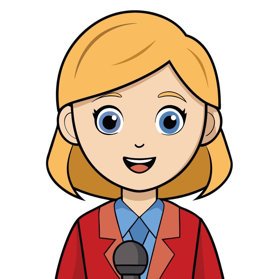 Cartoon woman reporter with microphone smiling presentation or interview illustration vector