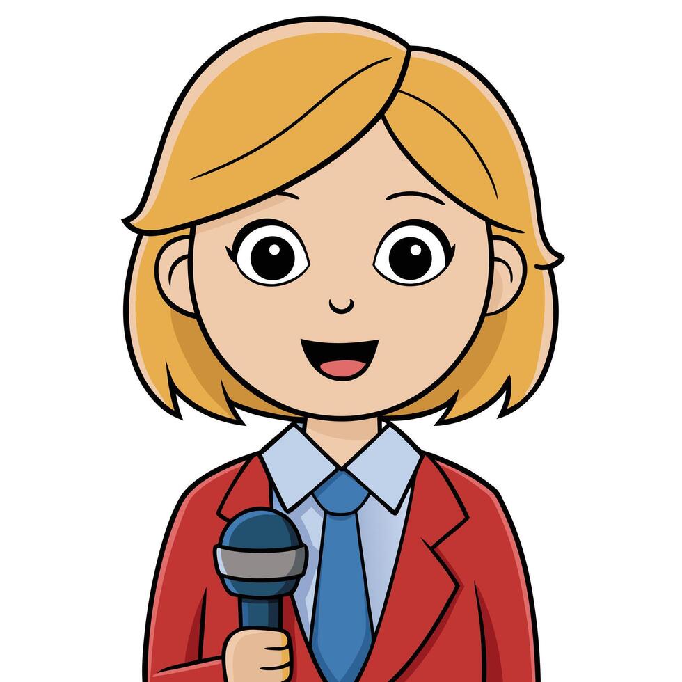 Cartoon female reporter holding microphone journalist broadcasting news illustration vector