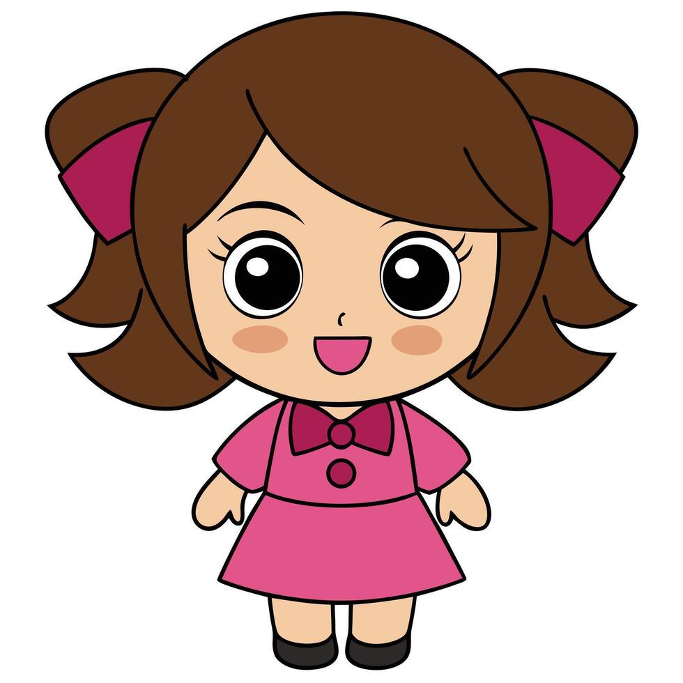 Cute cartoon girl illustration with brown hair and pink dress vector