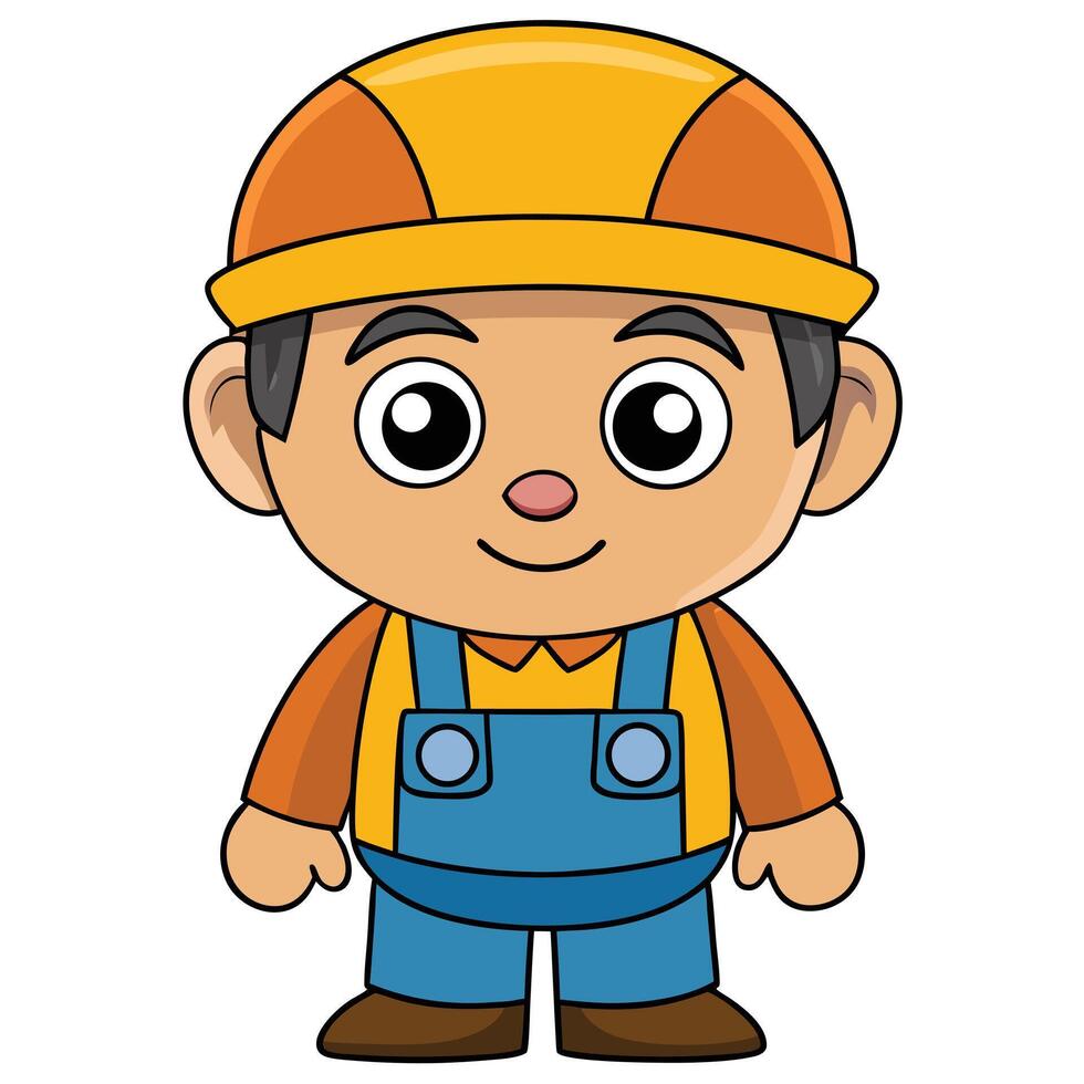 Cartoon style construction worker with yellow hard hat and blue overalls illustration vector
