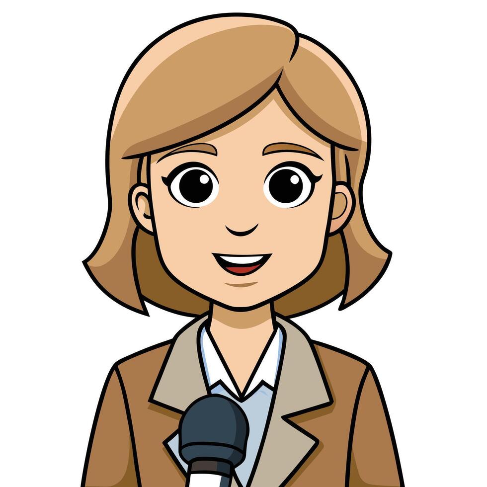Cartoon female reporter with microphone giving a broadcast presentation illustration vector