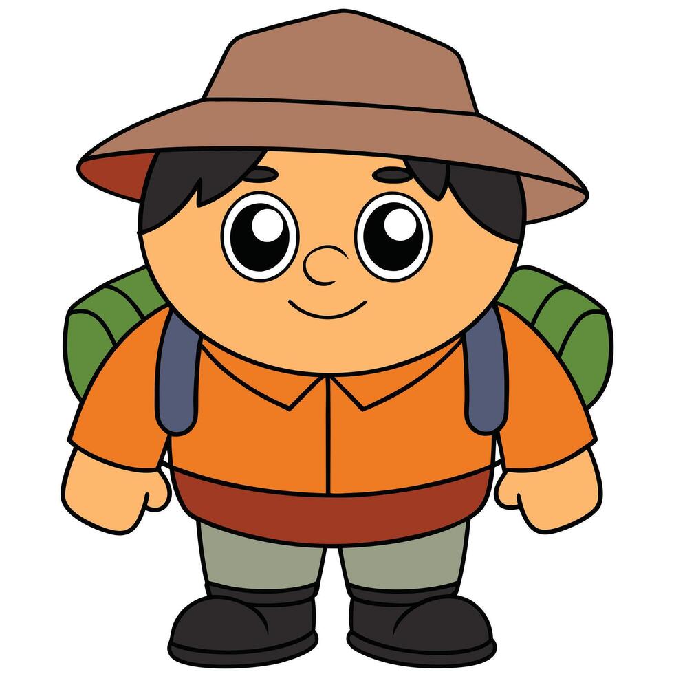 Cartoon hiker character with backpack and hat ready for an adventure vector