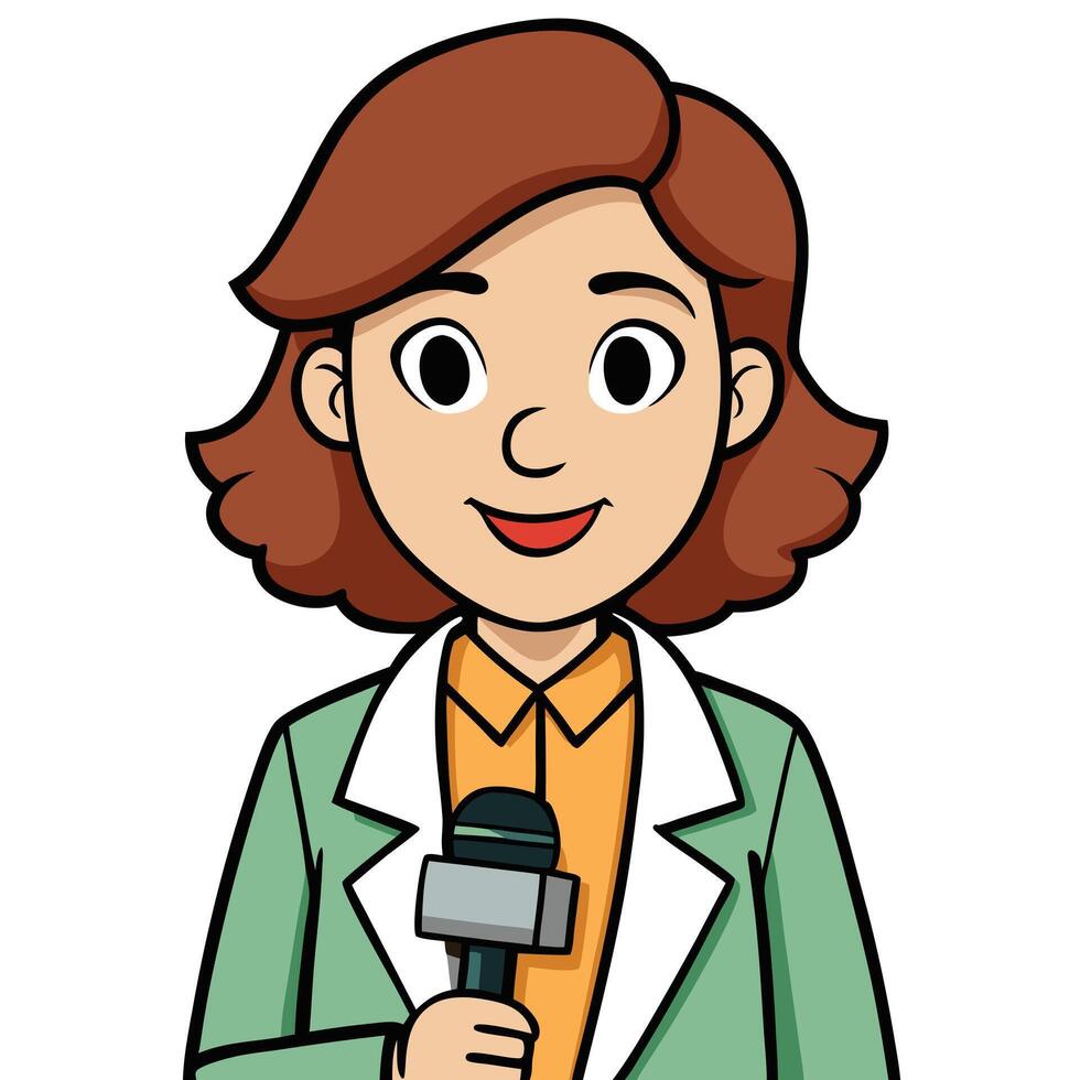 Cartoon female news reporter with microphone delivering journalism media broadcast vector