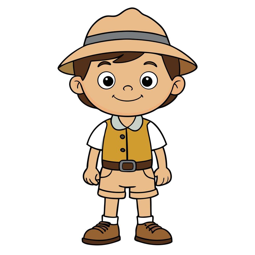 Cartoon boy character dressed as explorer with hat and safari outfit standing up vector