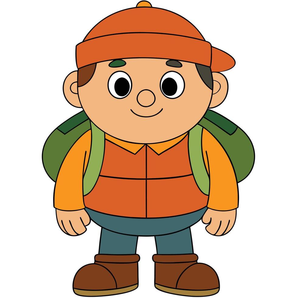 Cartoon boy character ready for adventure with backpack and cap illustration vector