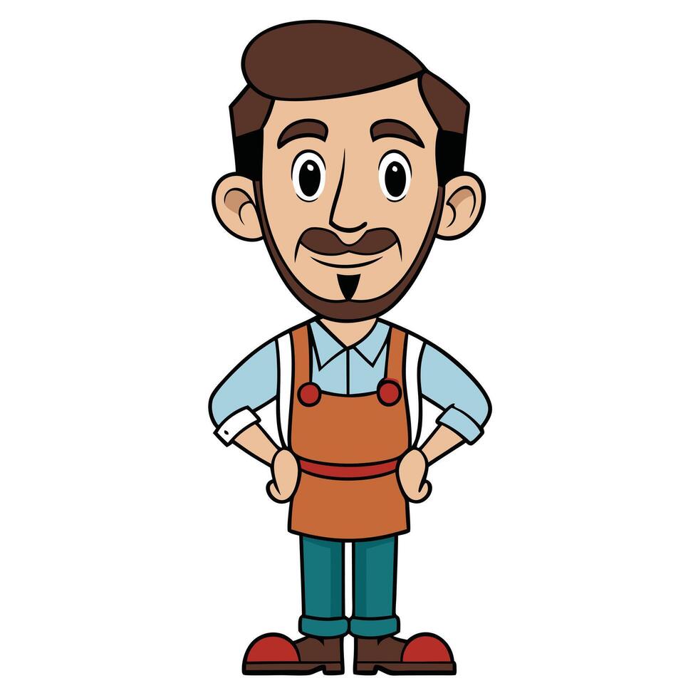 Cartoon man in apron with hands on hips poses proudly vector