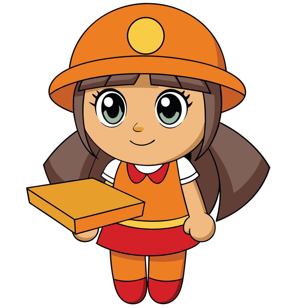 Cartoon character girl wearing orange hat holding block isolated on white vector