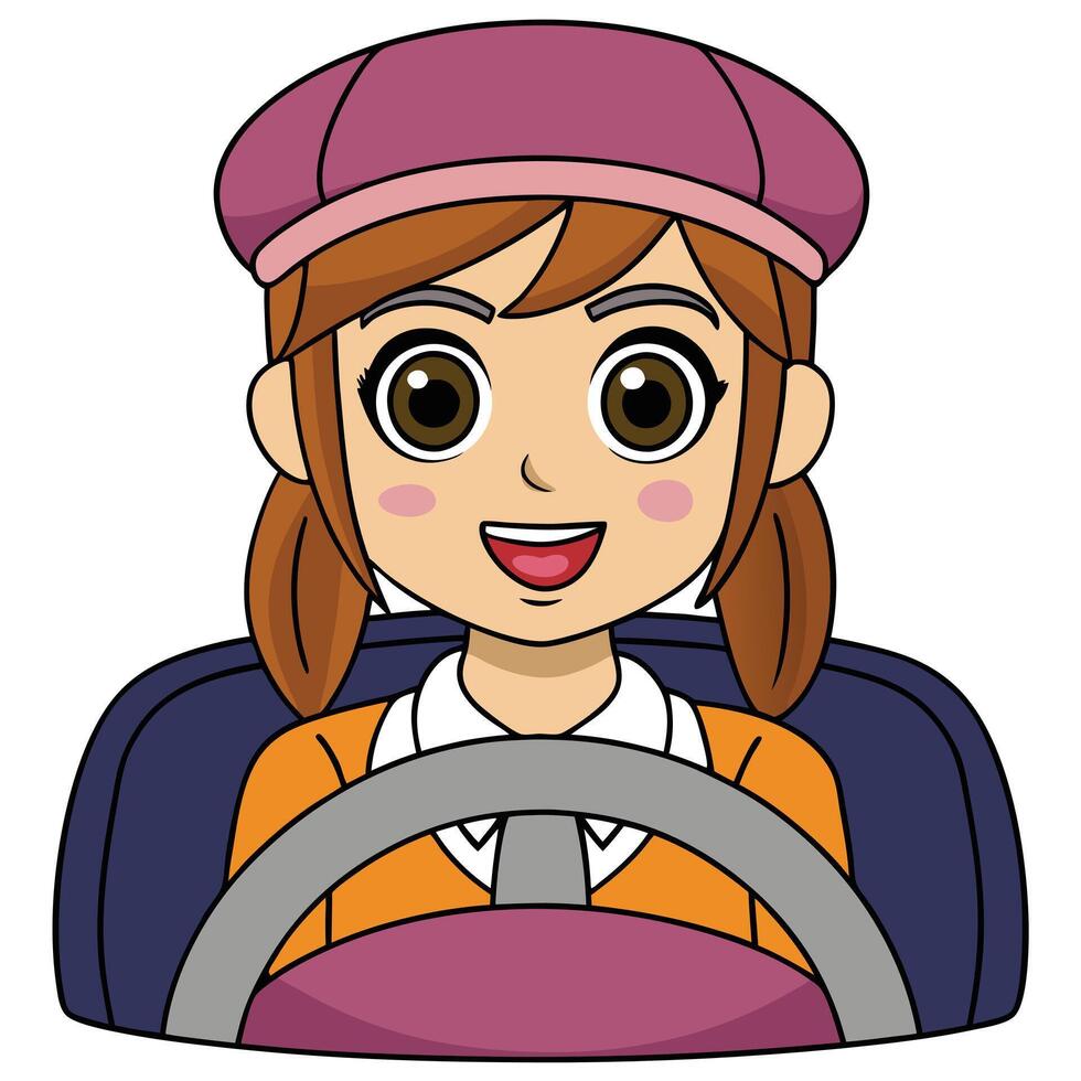Smiling cartoon girl driving car with confidence and pink beret vector