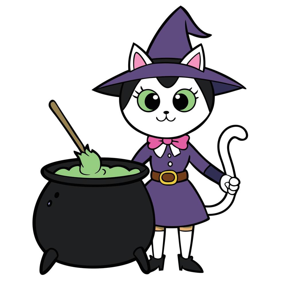 Cartoon cat dressed as a witch stirring a cauldron of potion vector