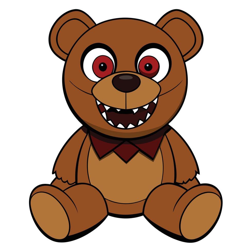 Scary cartoon teddy bear illustration with red eyes and sharp teeth vector