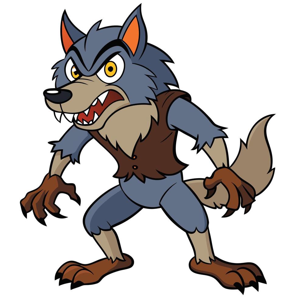 Cartoon werewolf illustration depicting aggressive facial expression and character costume vector