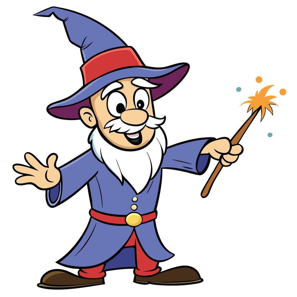 Cartoon wizard character casting magic spell with wand illustration art vector