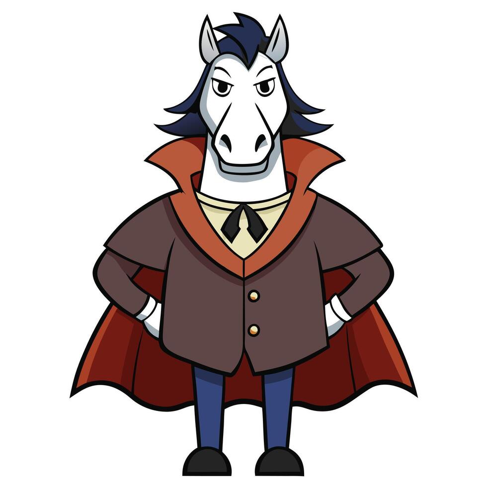 Cartoon horse dressed as dracula with cape and formal attire vector