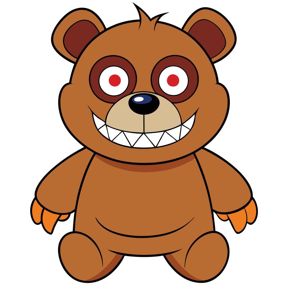 Cartoon teddy bear illustration with spooky smiling face and red eyes vector
