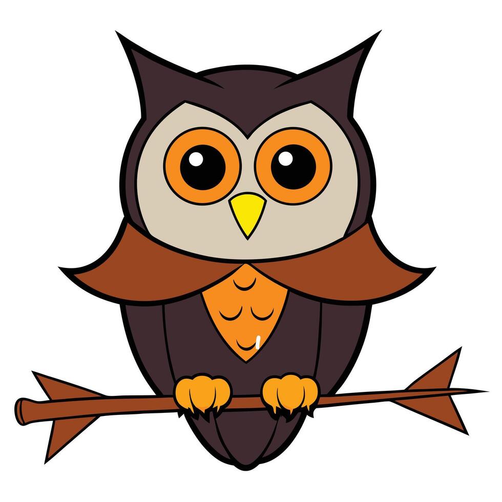 Cartoon brown owl perched on branch graphic illustration design vector