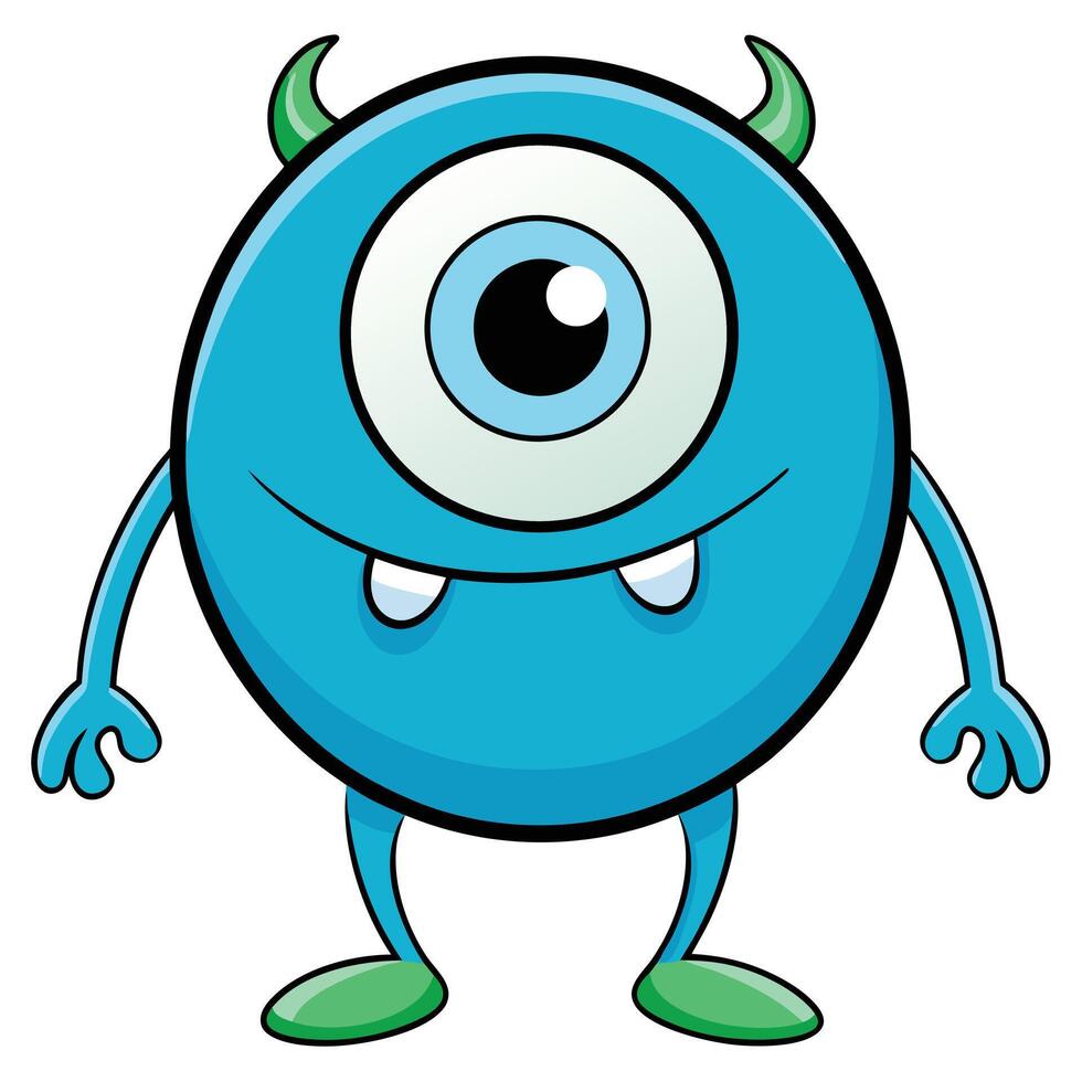 Cute blue cartoon monster with one eye smiling illustration vector