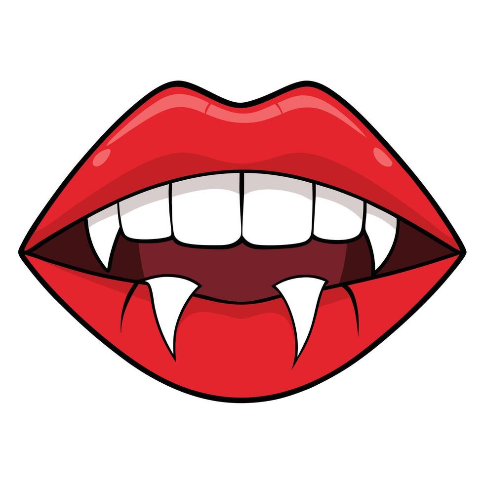 Red lips and vampire fangs cartoon illustration for halloween design vector