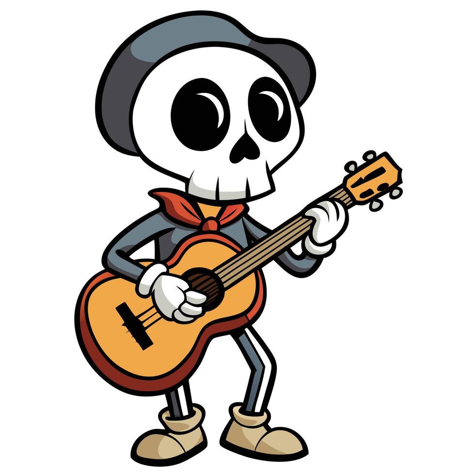 Cartoon skeleton playing guitar in sombrero bandana illustration art vector