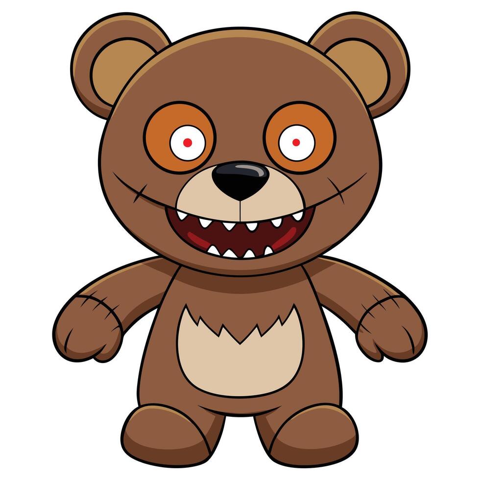 Creepy cartoon teddy bear illustration with scary eyes and sharp teeth vector