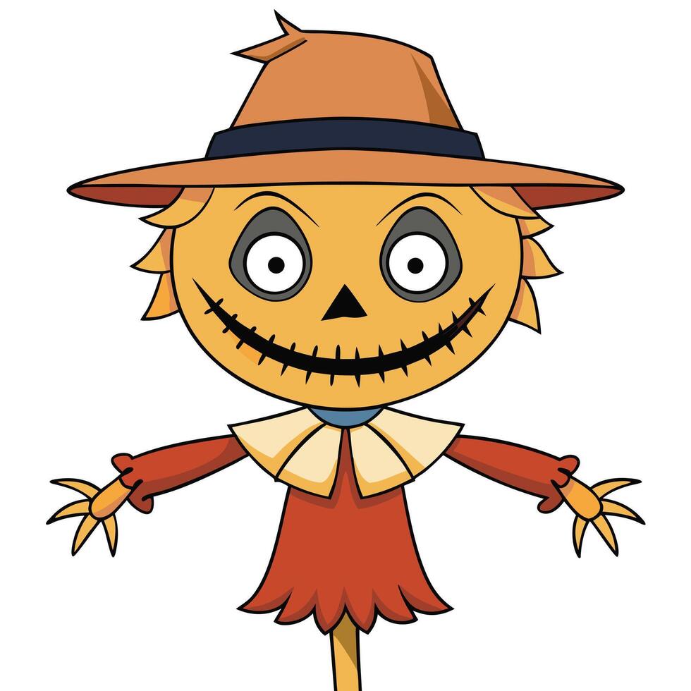 Cartoon halloween scarecrow with orange hat and creepy smile illustration vector