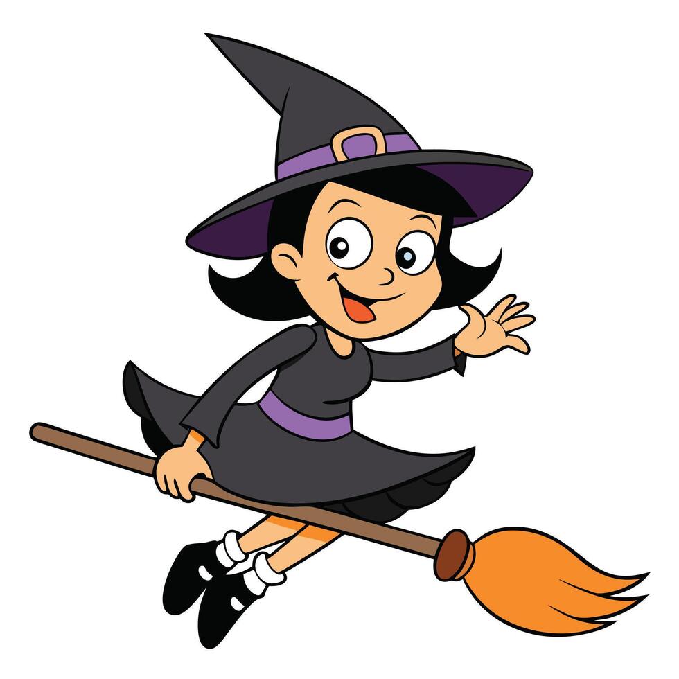 Cute cartoon witch flying on a broomstick halloween illustration design vector