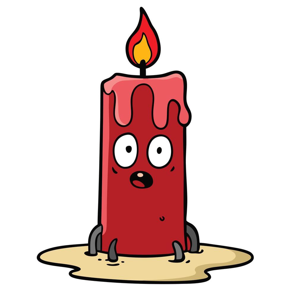 Cartoon red candle character melting with a surprised expression and flame vector